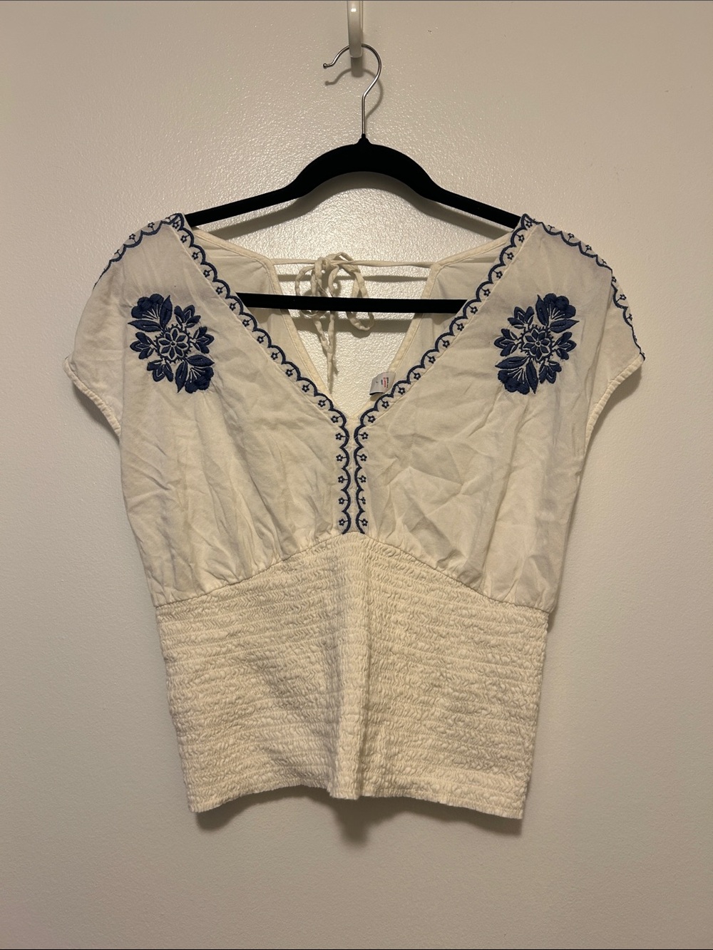 Old Navy White Crop Top with Navy Floral Embroidery